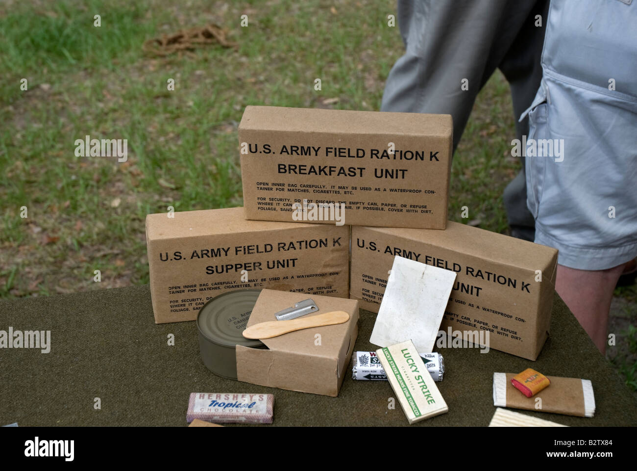 display of vintage U S Army equipment at fair Gainesville Florida U S Army World War 2 K Ration food items Stock Photo