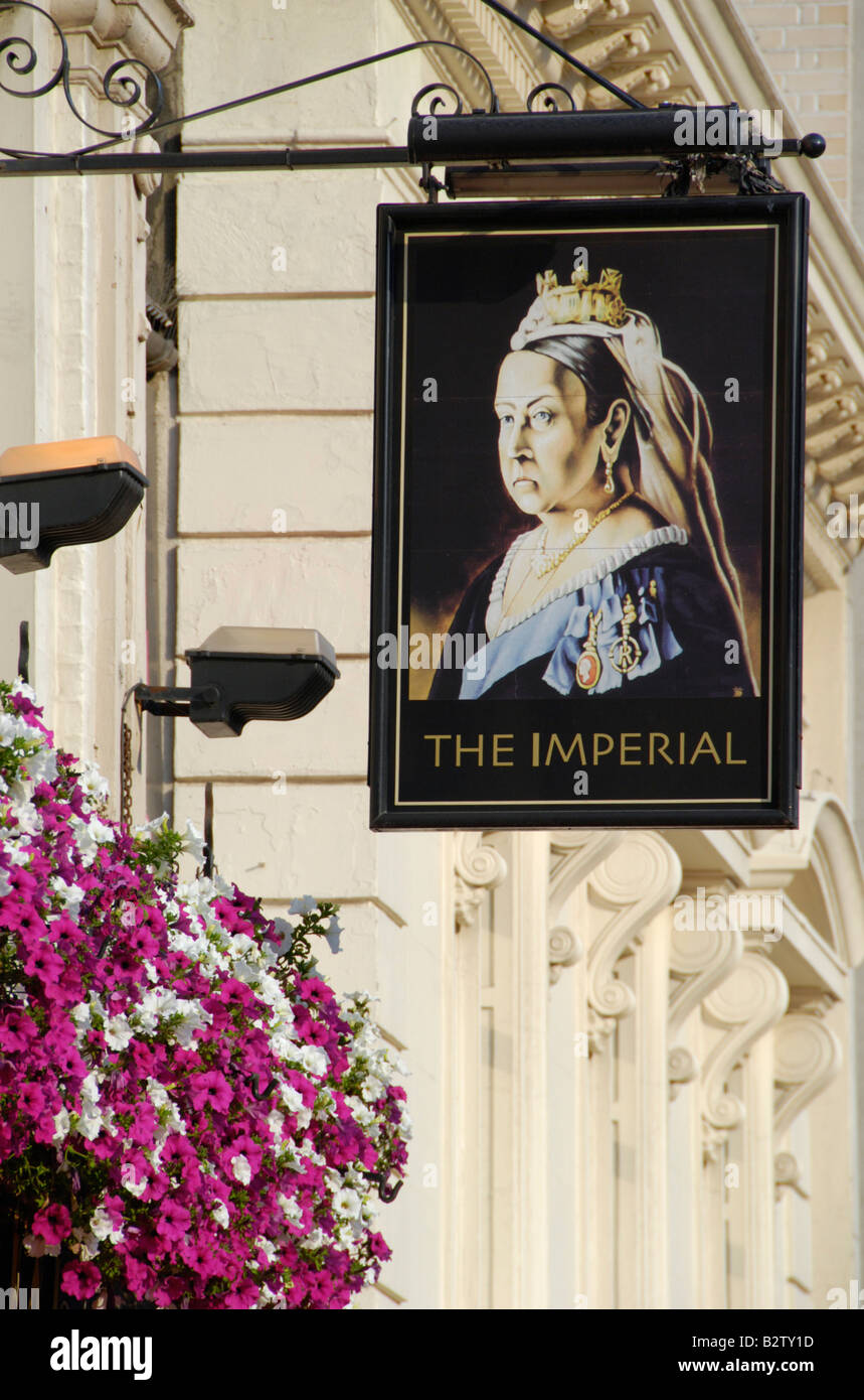 Close up of pub sign showing Queen Victoria outside the Imperial pub, Leicester Street, Soho, London, England Stock Photo