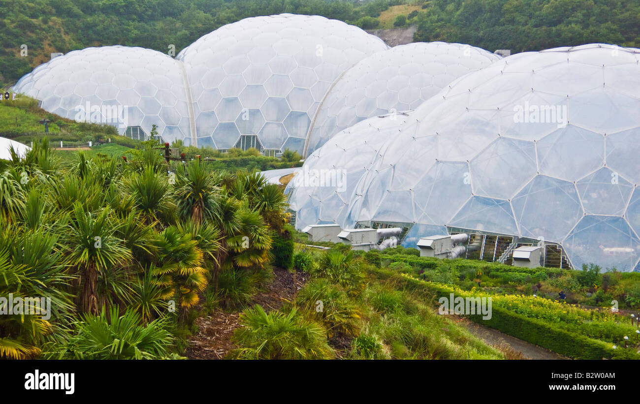 hexagonal ETFE pillow biomes at The Eden project in an old china clay pit Bodelva St Austell Cornwall England UK GB EU Europe Stock Photo