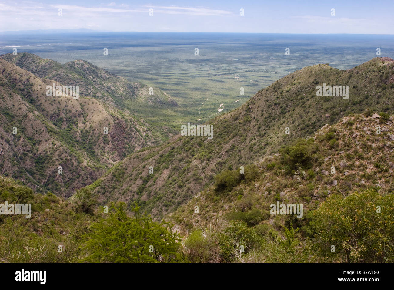 View from Los Tuneles (the tunnels) between the Sierras in Cordoba, Argentina. Stock Photo