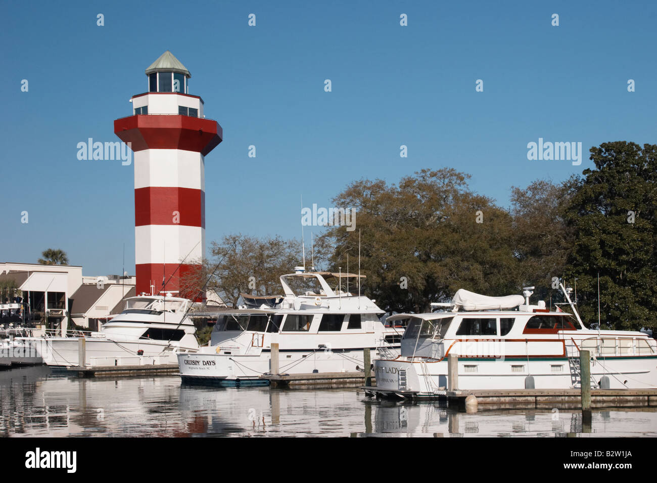 The lighthouse and boats at the Sea Pines Plantation horbor Hilton Head