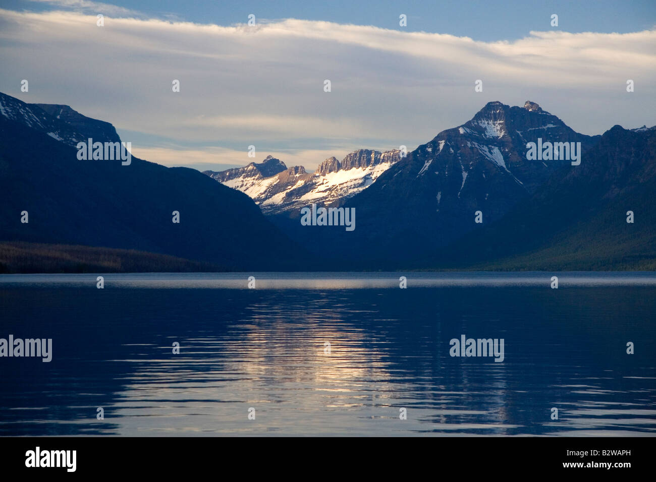 Rocky Mountains at Lake McDonald the largest lake in Glacier National Park Montana Stock Photo