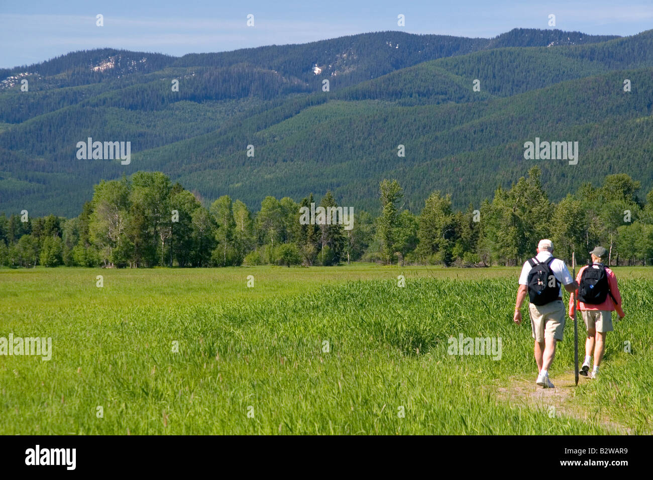 Hikers in the Swan River National Wildlife Refuge near Kalispell Montana Stock Photo