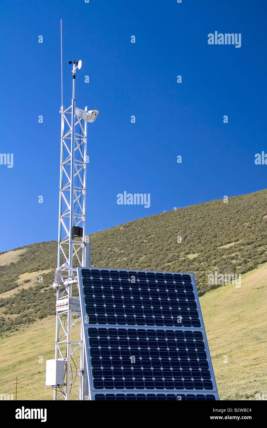 Solar powered remote weather station on Willow Creek Summit along U S Route 93 in central Idaho Stock Photo