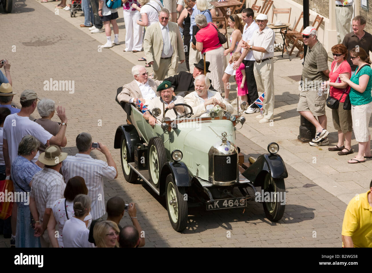 Ian lavender, right, jeep who played Private Frank Pike in Dads Army with Dads Army co writer David Croft in the rear seat. 40th Anniversary Thetford. Stock Photo