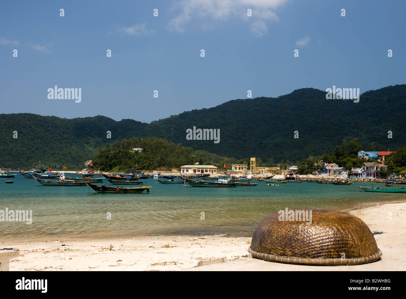 Traditional round woven coracle Cham Island off historic Hoi An Vietnam Stock Photo