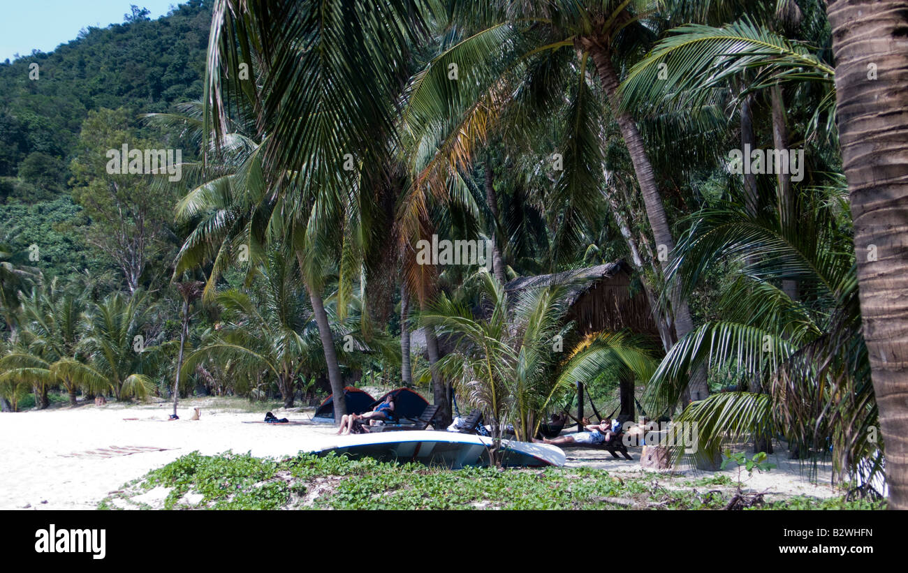 Palm trees line white sand Chong Beach Cham Island off historic Hoi An Vietnam Stock Photo