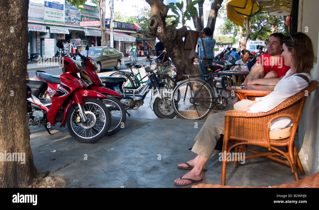 Visitors at street cafe near beach Nha Trang resort Vietnam Stock Photo