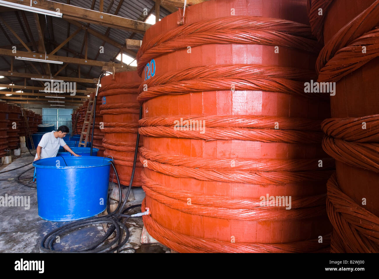 Man supervises large vats of fermenting fish sauce at factory Phu Quoc Island Vietnam Stock Photo