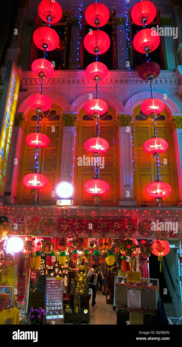 Illuminated red Chinese lantern strings outside shop Chinatown Singapore Stock Photo Alamy