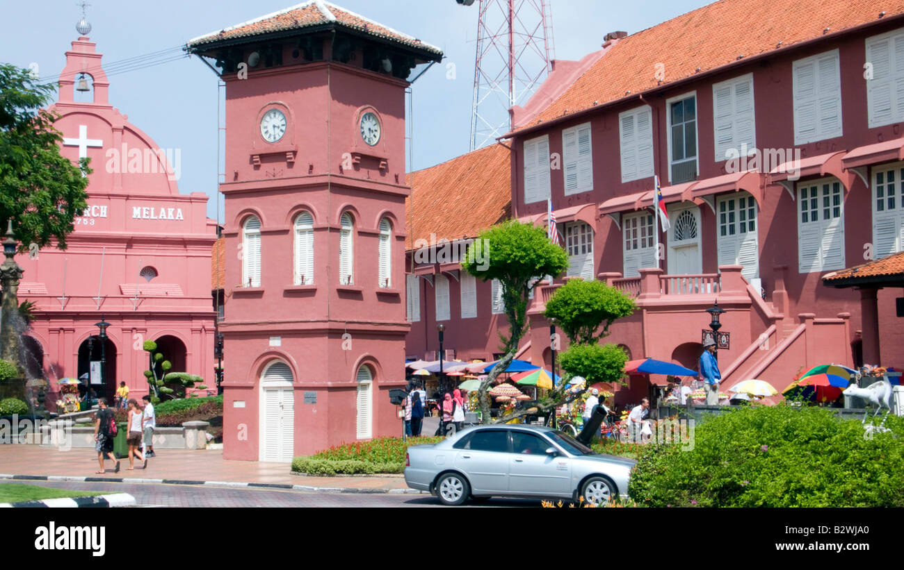 Clock Tower and Dutch colonial Christ Church Dutch Square Malacca Malaysia Stock Photo