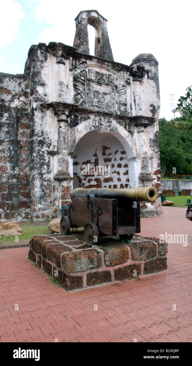 Cannon and gateway Portuguese A Famosa fort Malacca Malaysia Stock Photo
