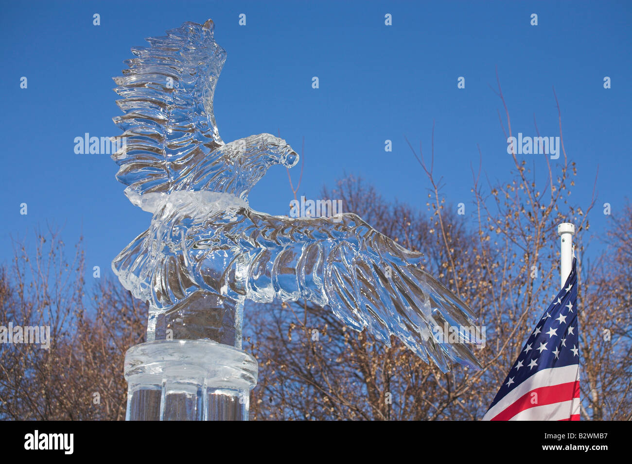 Ice Eagle with Flag. An ice sculpture of bald eagle on a pedestal and