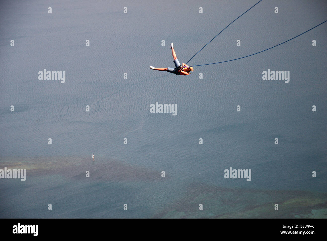 Bungy jumper free-falling over Lake Wakatipu in Queenstown, Otago, South Island, New Zealand Stock Photo