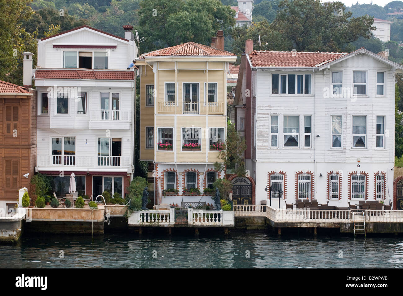 Summer Houses along the Bosporus at Beykoz: Wealthy Turks from Istanbul build waterside retreats in the quiet Bosporus towns Stock Photo