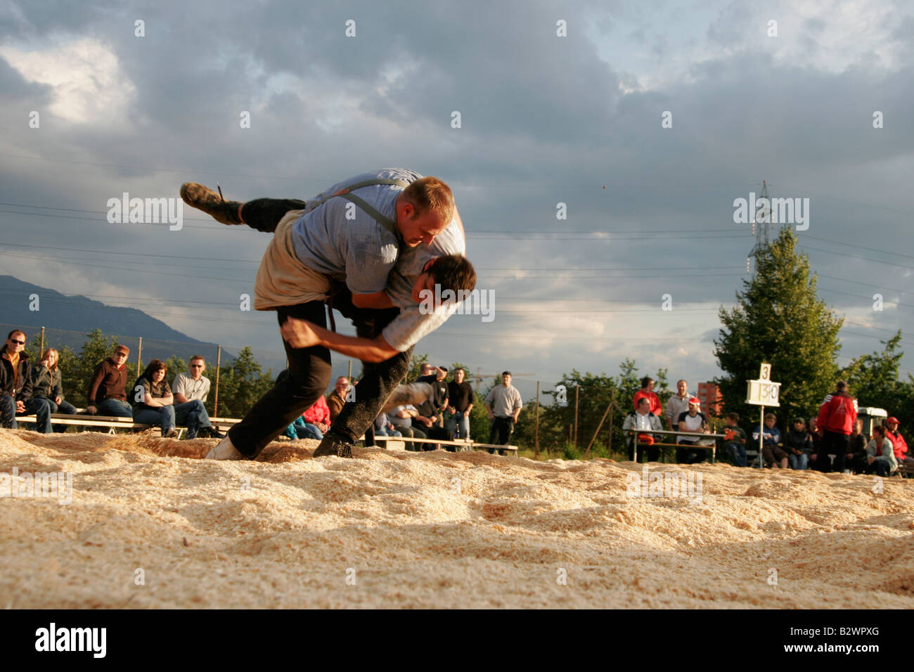Schwingen contest, a Swiss variant of folk wrestling and national sport, in a rural area near Zurich, Switzerland Stock Photo