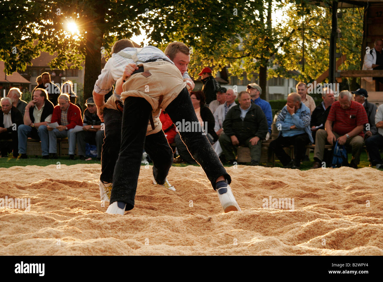 Schwingen contest, a Swiss variant of folk wrestling and national sport, in a rural area near Zurich, Switzerland Stock Photo