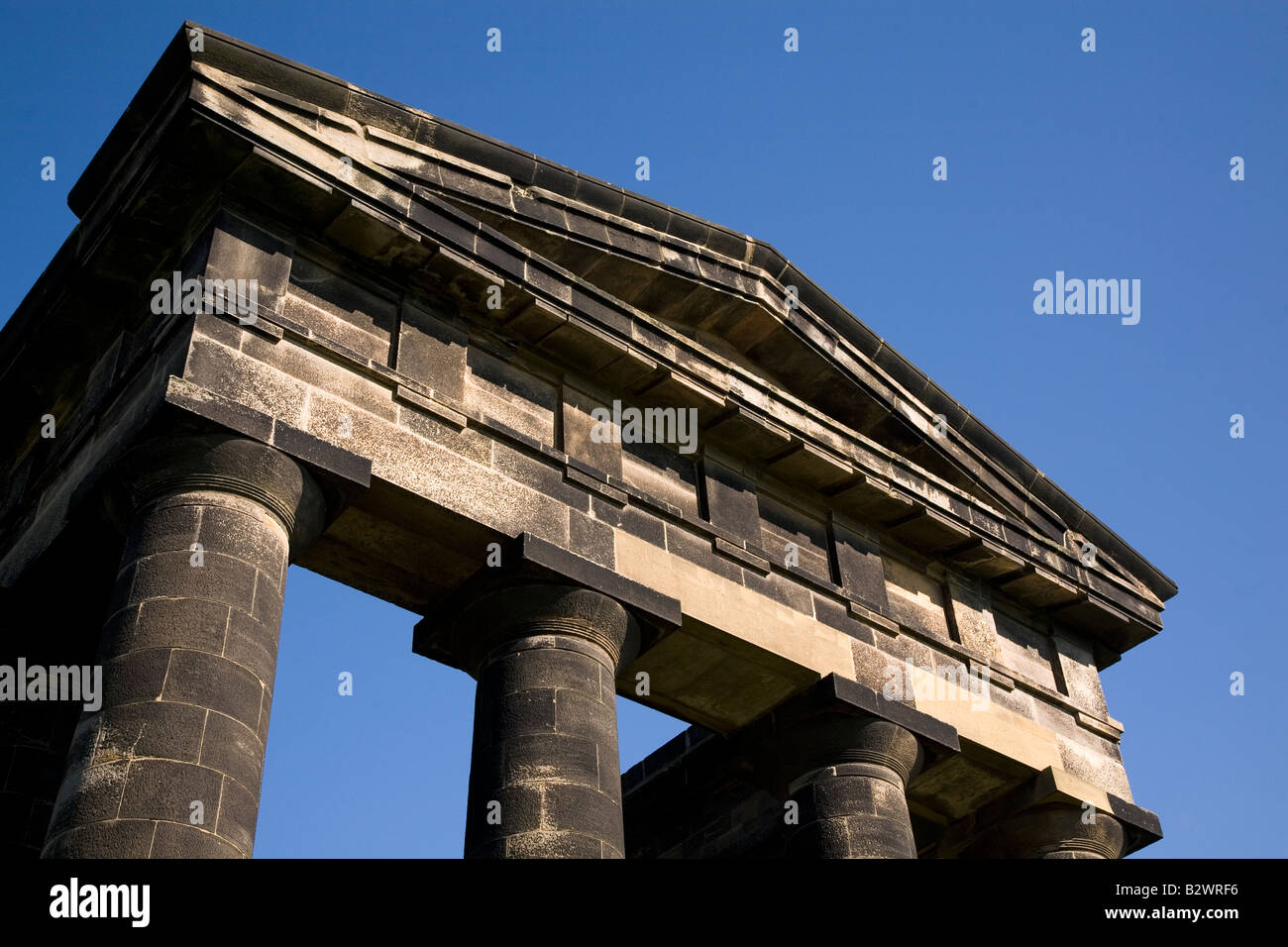 The pediment of Penshaw Monument in Sunderland. The Neo-Classical monument was built in honour of the Earl of Durham. Stock Photo