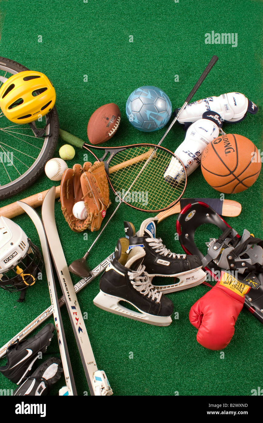 Display of assorted types of sports equipment Stock Photo Alamy