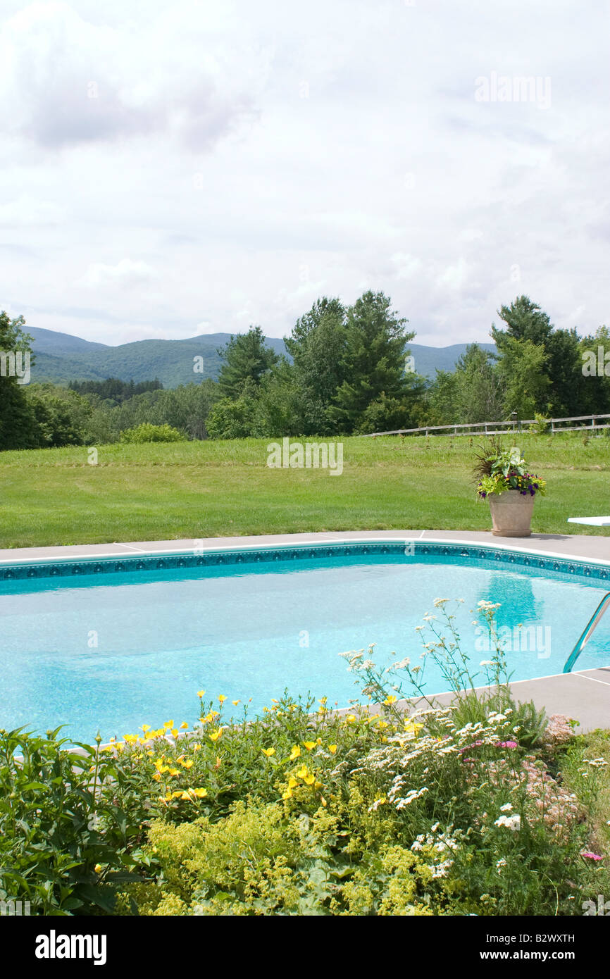 Swimming pool with a superb view of the Taconic mountains from Williamstown Massachusetts Stock Photo