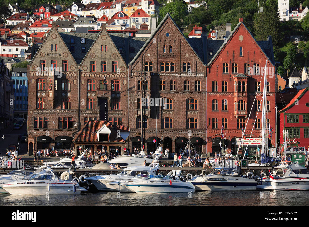 Norway Bergen Bryggen historic area skyline harbour Stock Photo