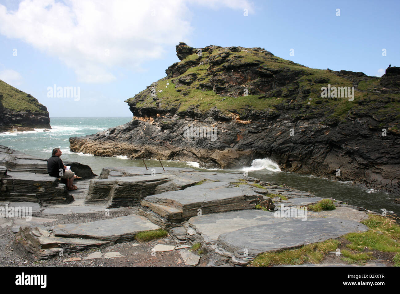 The blowhole at Penally Point at Boscastle, Cornwall, England Stock Photo