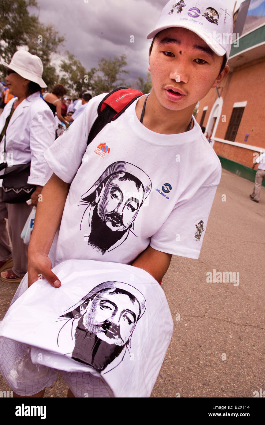 Mongolian street vendor selling t-shirts, Mongolia Stock Photo