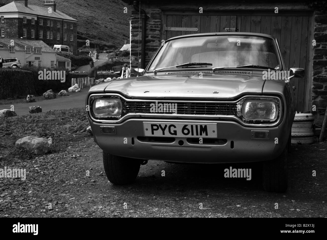 partly restored Ford Escort Mk1 outside a garage Stock Photo