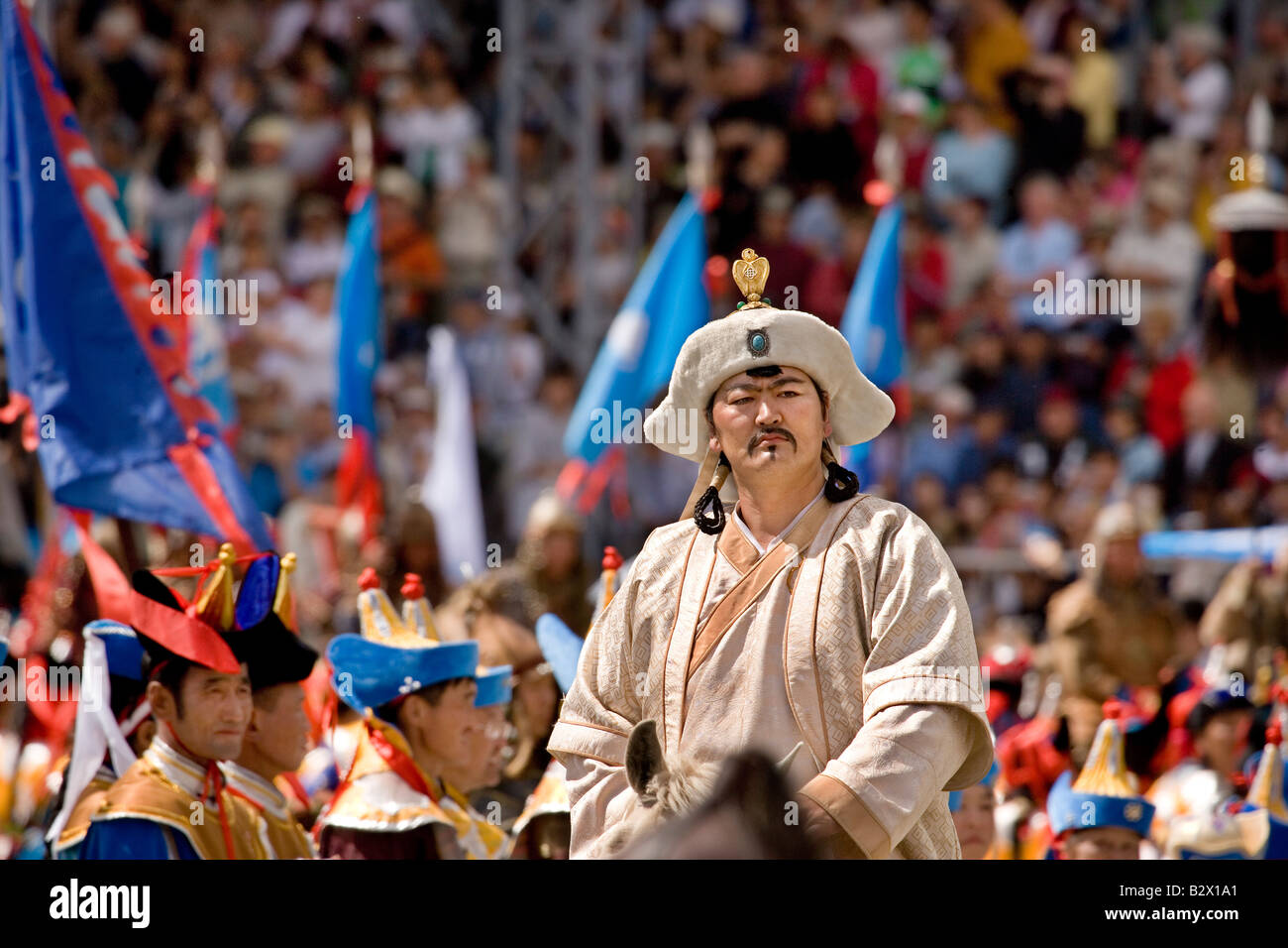 The Naadam Festival celebrating the 800th anniversary of the Mongolian State in the National Stadium, a Genghis Khan actor Stock Photo