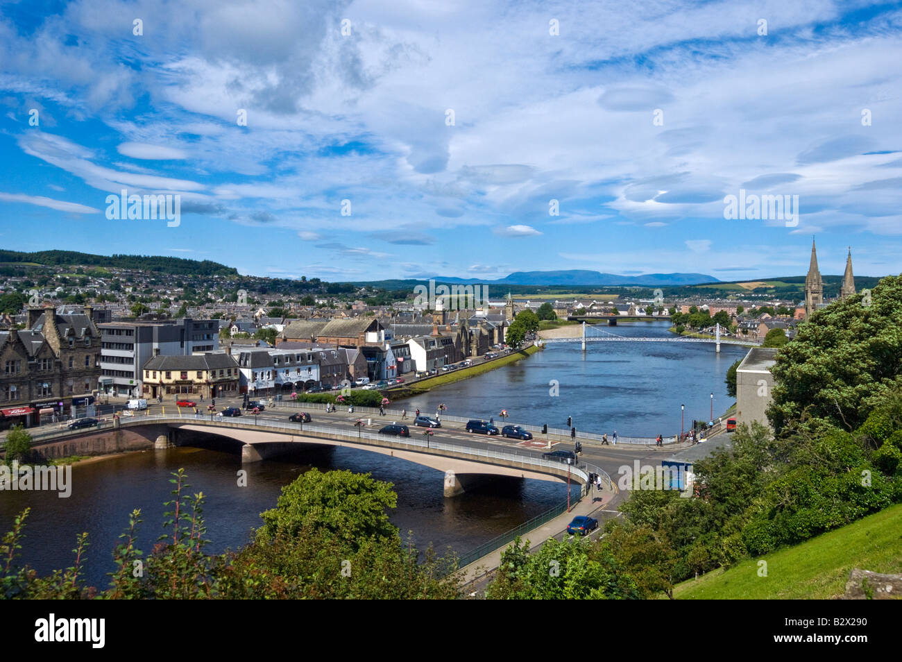 View over River Ness flowing through the centre of Inverness in Scotland as seen from the castle above Stock Photo