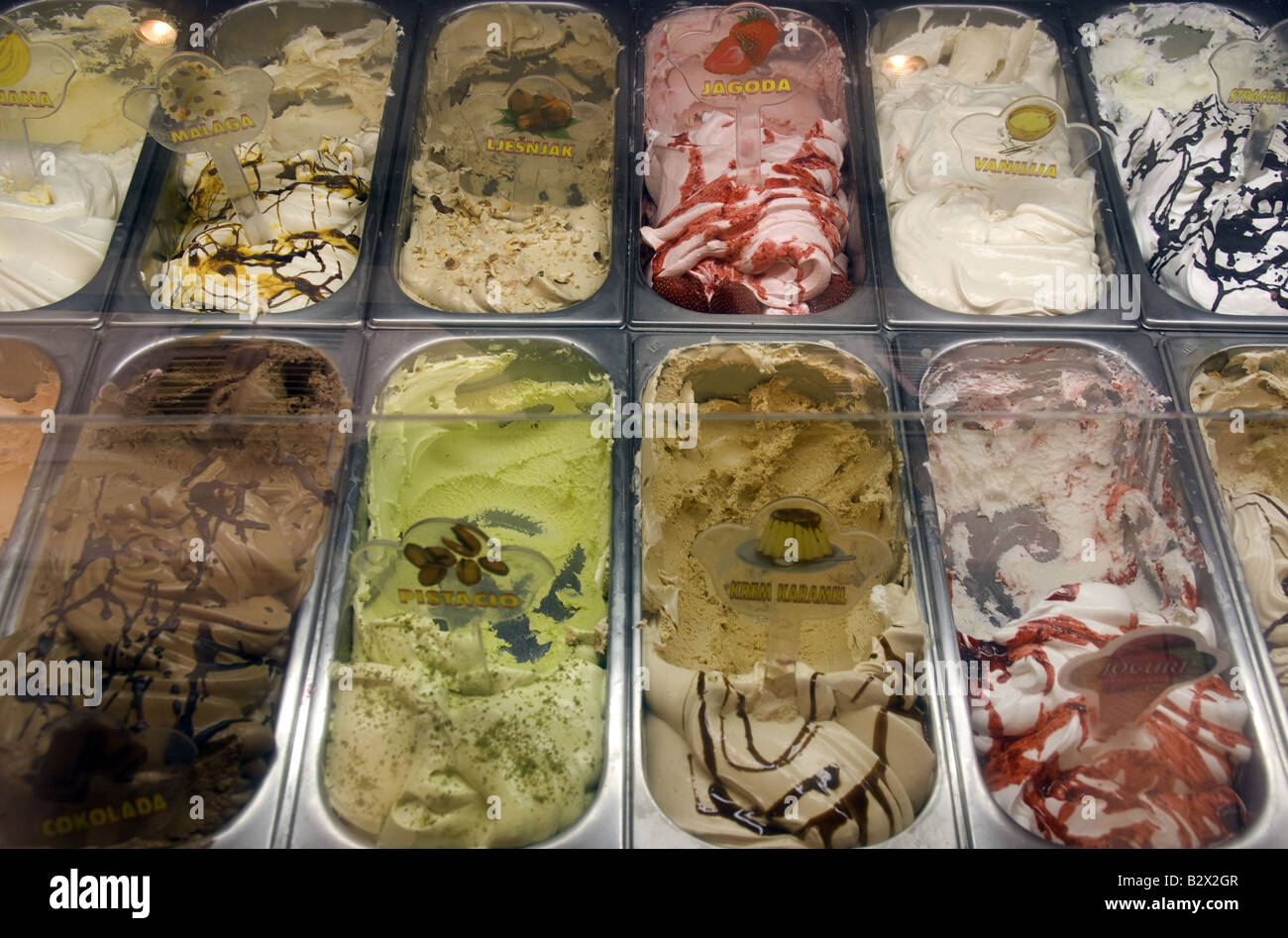 Croatian ice cream freezer display case Stock Photo