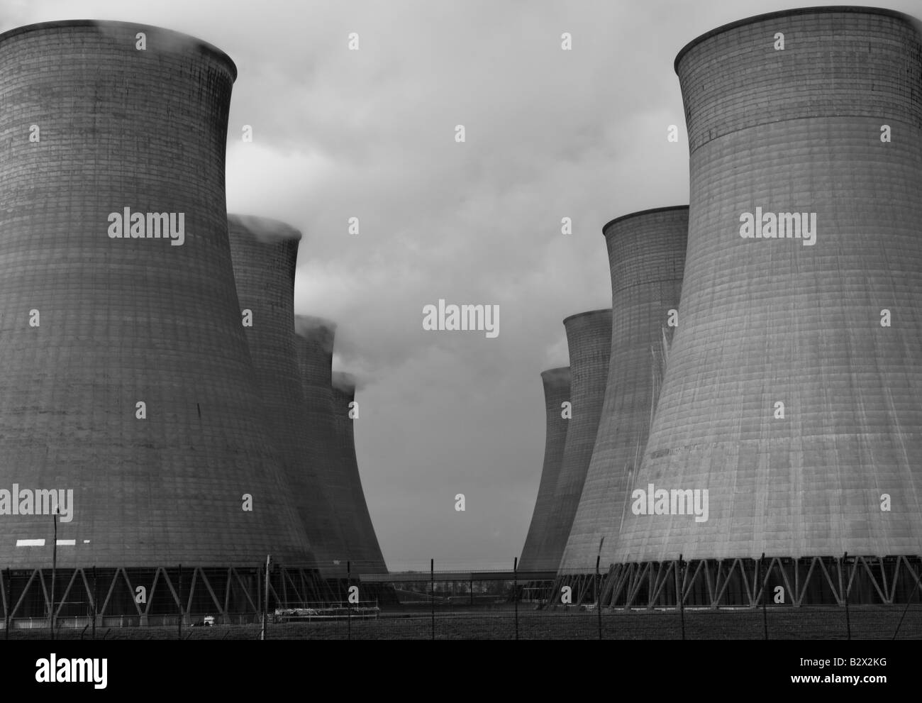 Foreboding, black and white image of cooling towers at Cottam Power Station, Nottinghamshire, uk Stock Photo