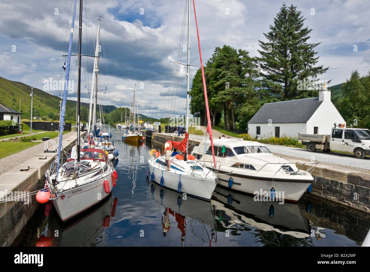 Sailing and motor boats in the process of mooring in the Loch Lochy Laggan locks on the Caledonian Canal in Scotland Stock Photo