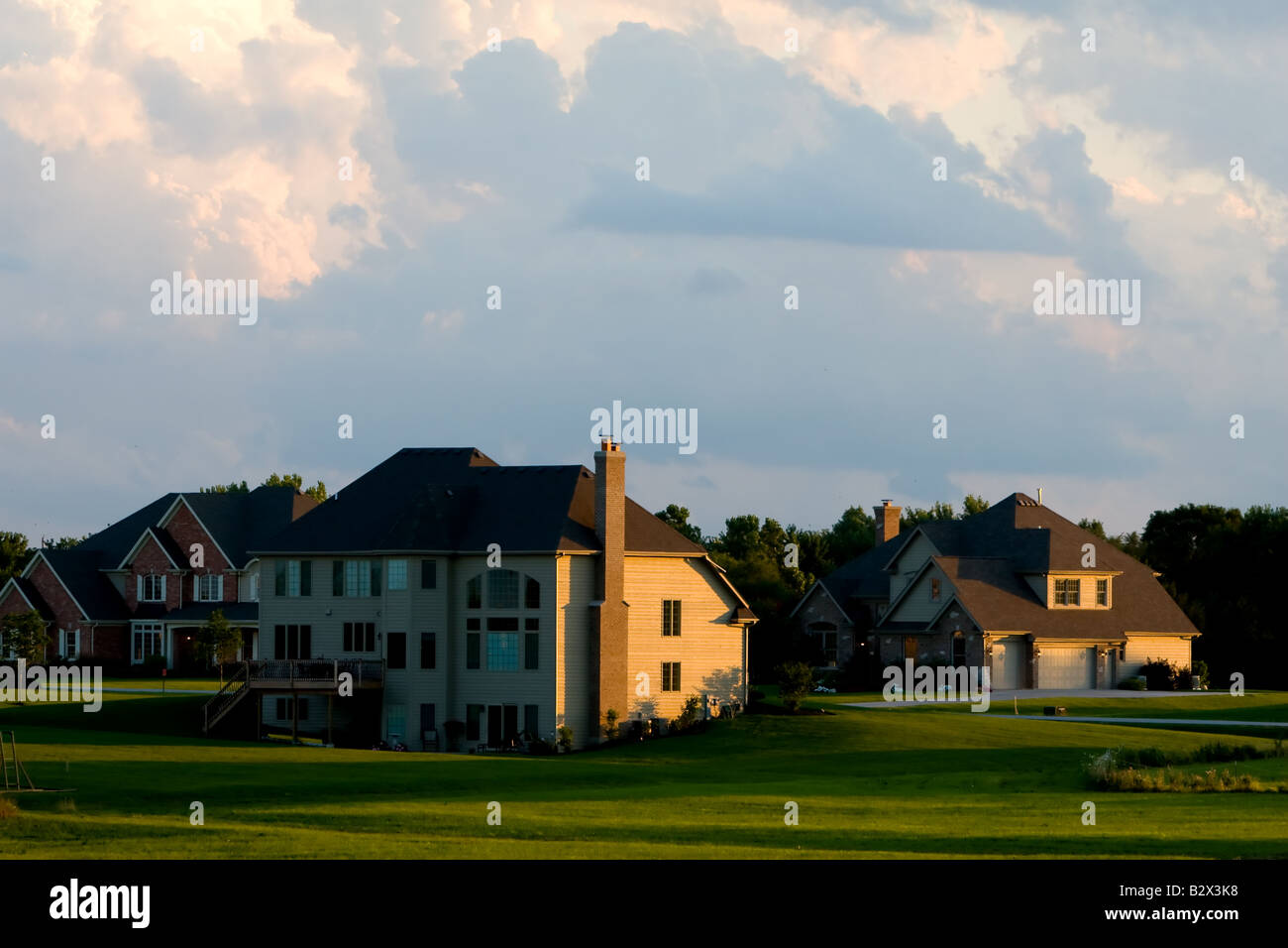 A subdivision of fancy homes in a rural suburb near Chicago, IL. Stock Photo