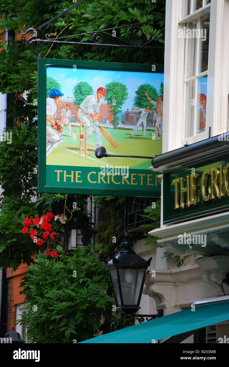 The Cricketers Pub sign, Richmond Green, Richmond, Richmond upon Thames, England, United Kingdom Stock Photo