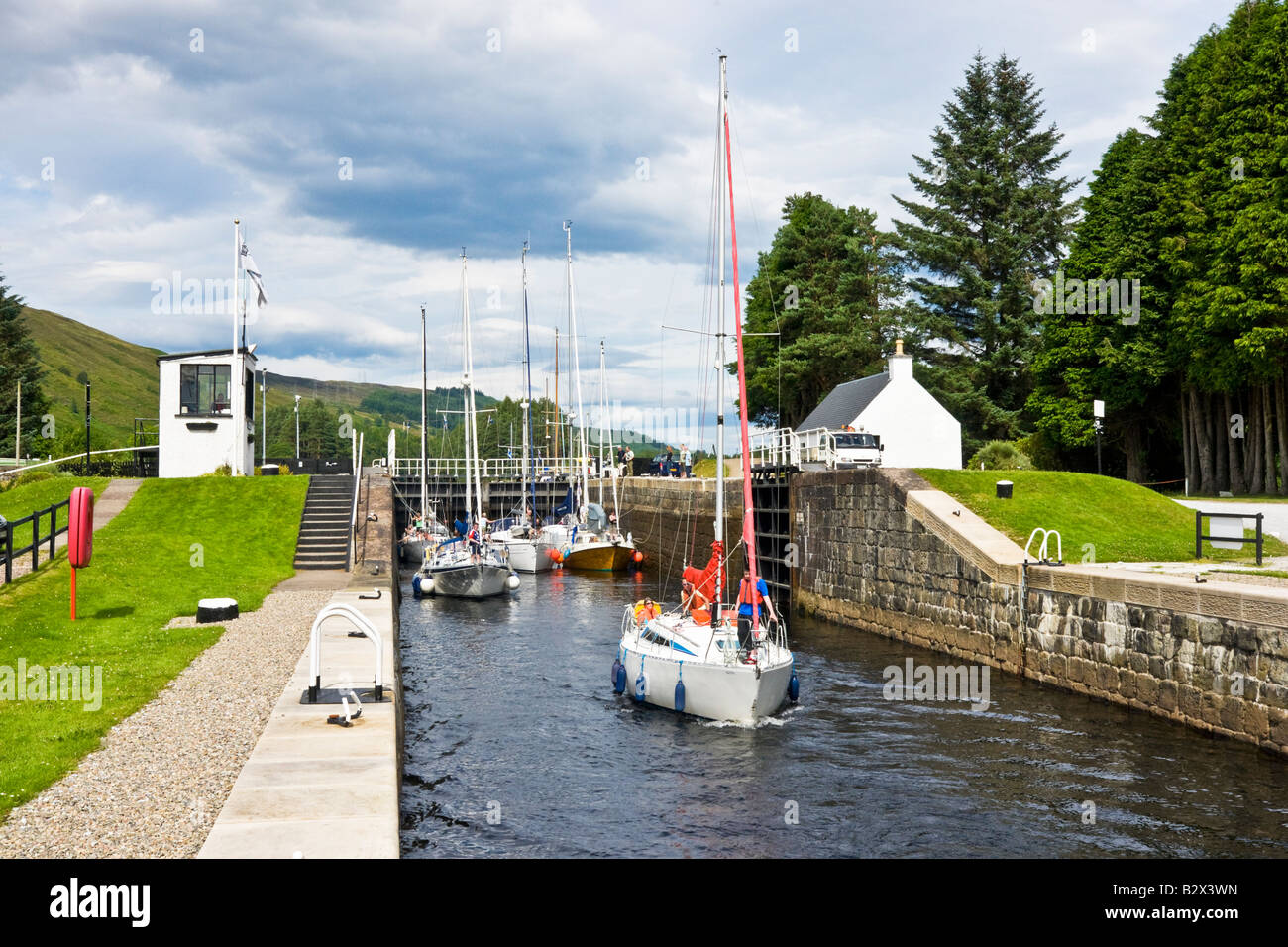 Sailing boats are in the process of leaving the Loch Lochy Laggan locks on the Caledonian Canal in Scotland Stock Photo