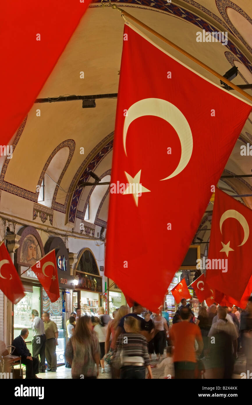 Turkish National flags hanging in the Grand Bazaar in Istanbul, Turkey Stock Photo