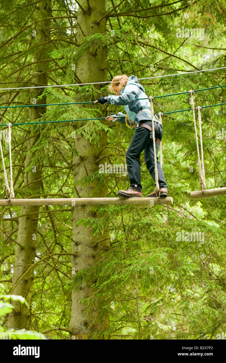 A women on the the Go Ape aerial challenge in Grizedale Forest in Cumbria UK Stock Photo