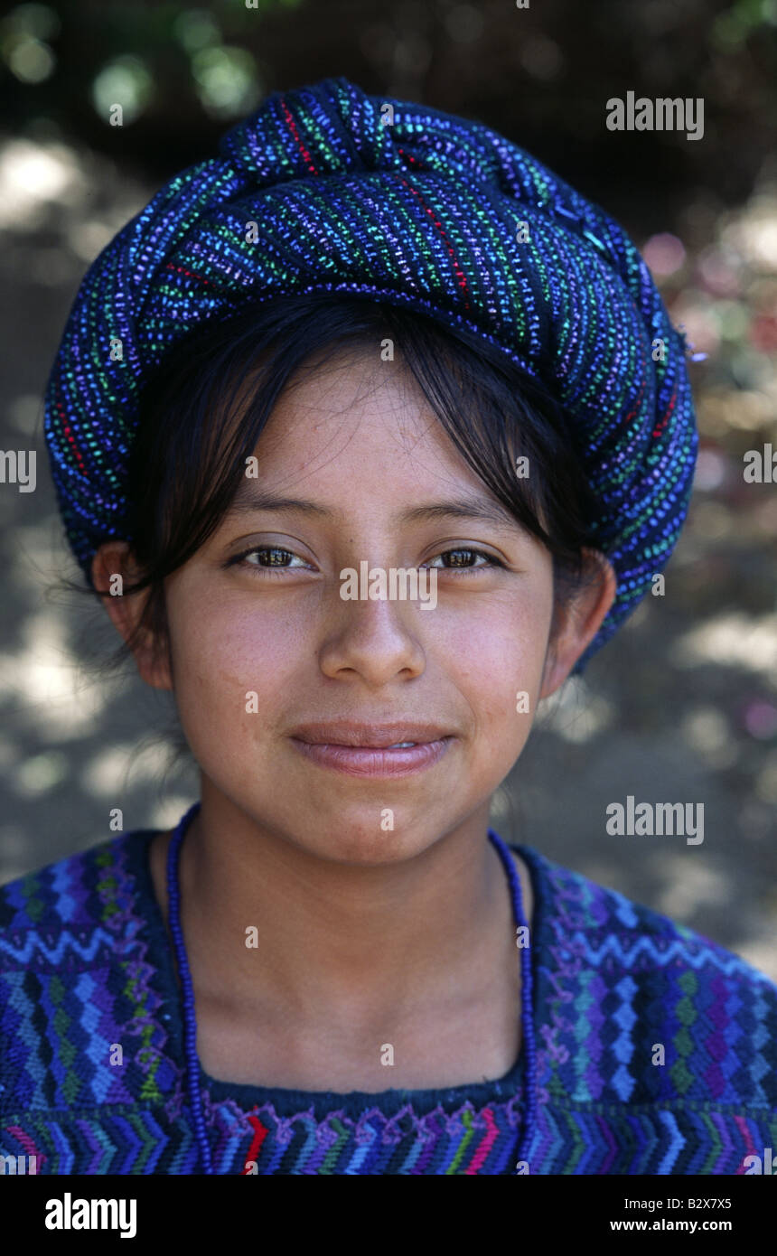 The traditional dress worn by women and girls in San Antonio Palopo in Guatemala Stock Photo