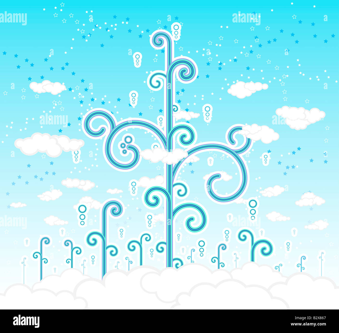 Vector illustration of magical funky curly trees growing on a dreamy cloudscape Detailed clouds and stars in the sky Stock Photo