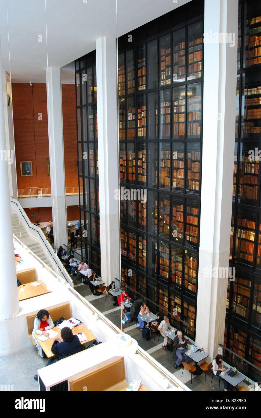 Interior view showing King's Library, British Library, Euston Road, Camden Borough, London, England, United Kingdom Stock Photo