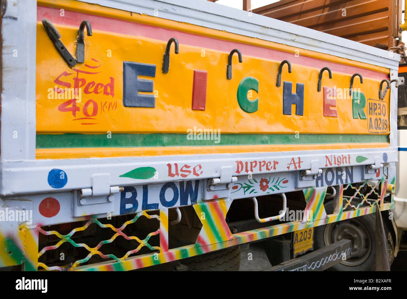 Detail of elaborately decorated trucks/lorries in India, Hindu religion. Stock Photo