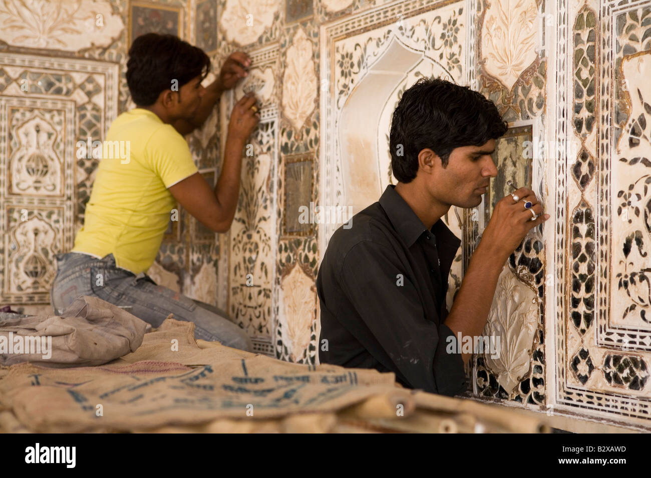 Skilled restoration work at Red Fort, Jaipur, Rajasthan, India. Stock Photo