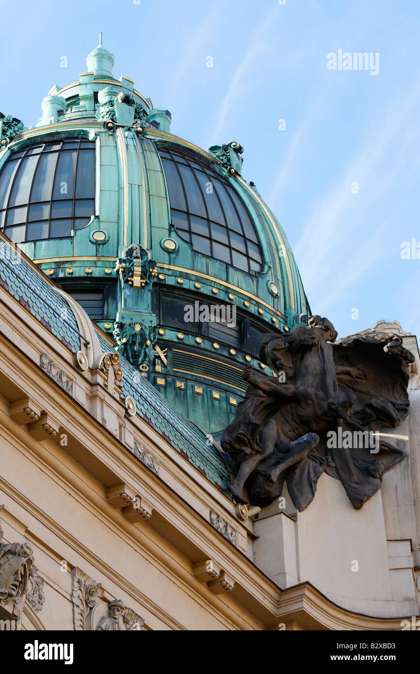 The dome of the Municipal House in the modern Republic Square Namesti Republiky in Prague Stock Photo