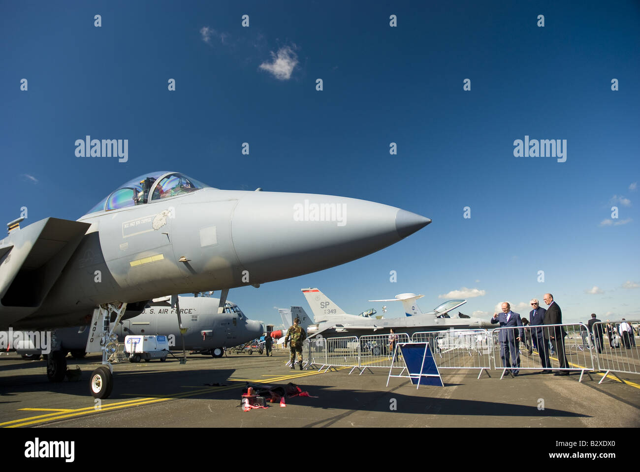 An American jet fighter on display at the Farnborough Airshow in England, UK. Stock Photo