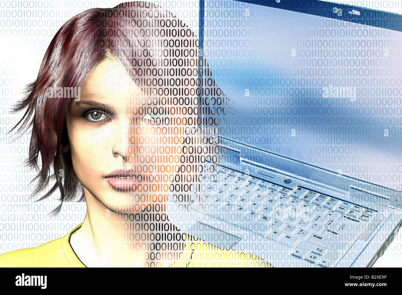 Woman entering a digital world Stock Photo