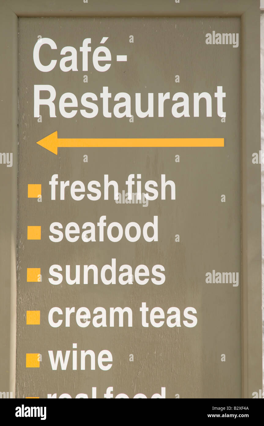 Cafe Restaurant sign for fresh fish and seafood  at the  The Hive on the Quay Aberaeron Wales UK Stock Photo