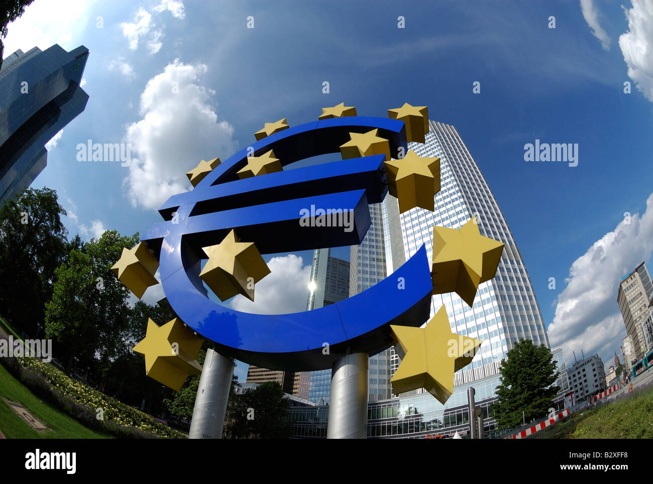 European Central Bank Headquarters with euro symbol, Frankfurt Stock Photo