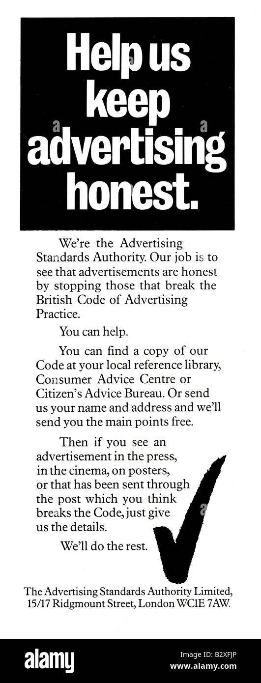 1975 1970s Advertising Standards Authority advert asking for information on advertisements  FOR EDITORIAL USE ONLY Stock Photo