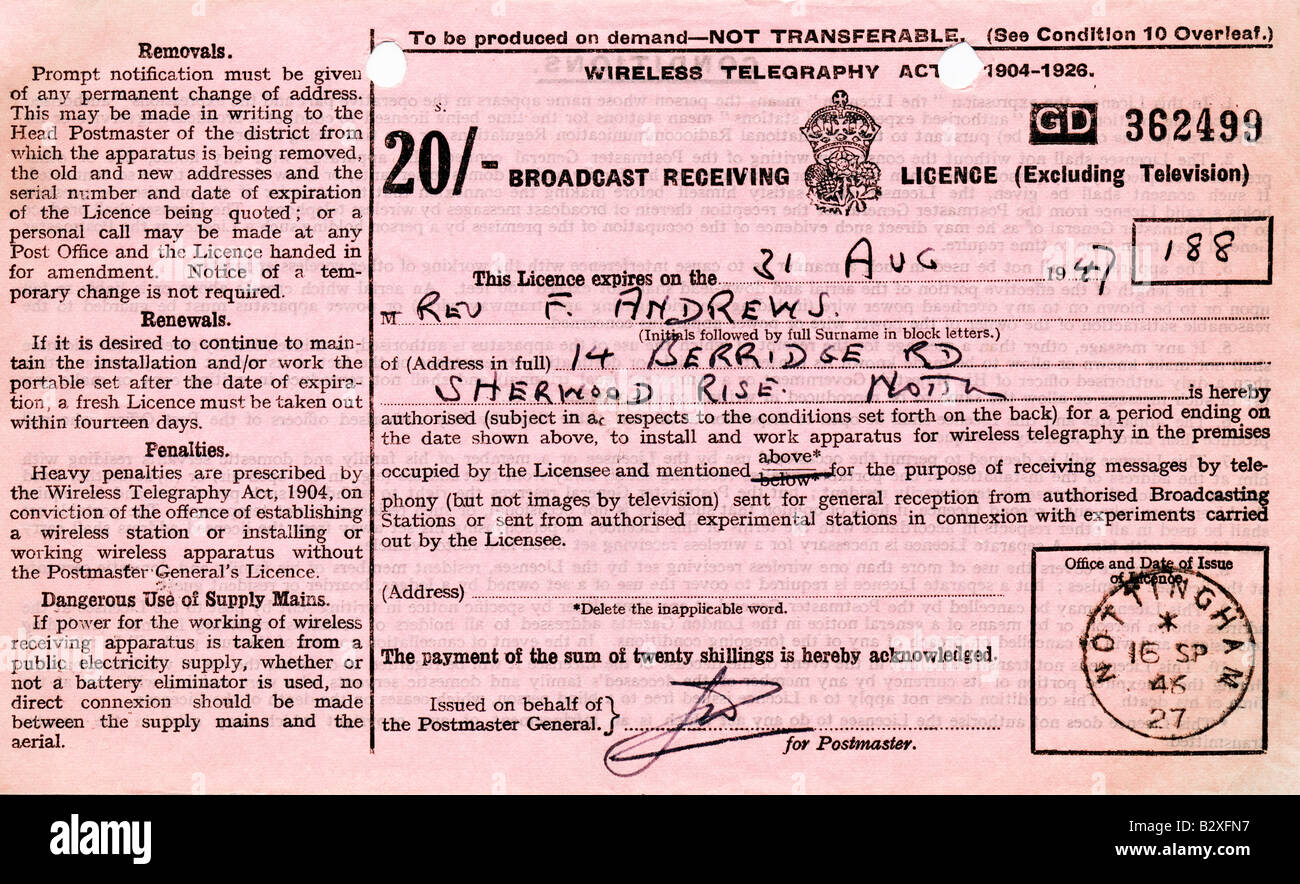 1946 Annual One Year UK Broadcast Receiving Licence for Radio and excluding Television FOR EDITORIAL USE ONLY Stock Photo
